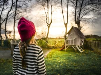 girl, childhood, garden, nature, backyard, evening, child, people, little, young, outdoor, striped, cap, kid, play, playing, watching, looking, play house